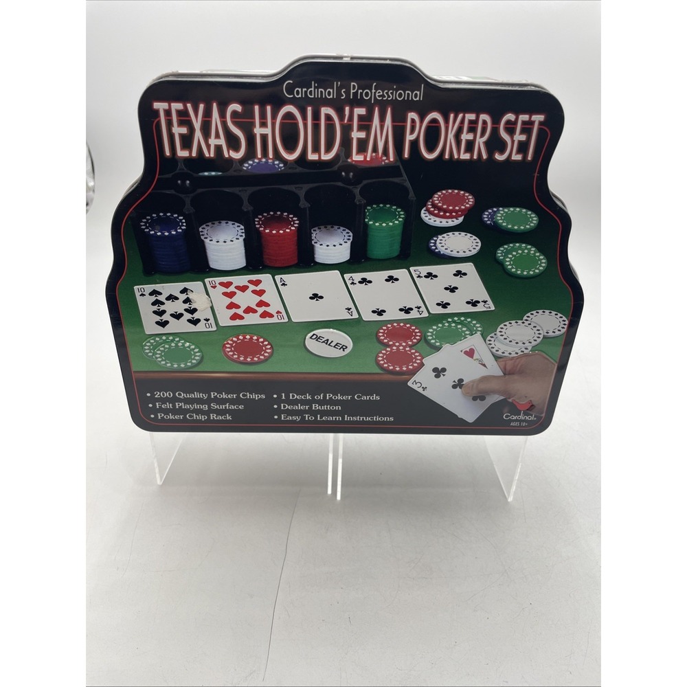 Cardinal Texas Hold'em Poker Set 200 Chips Cards Dealer Button Tin 1425 New